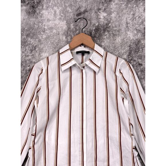 Lafayette 148 Top Small Womens White Striped Collared Button Up Tie Waist Shirt - Picture 2 of 8